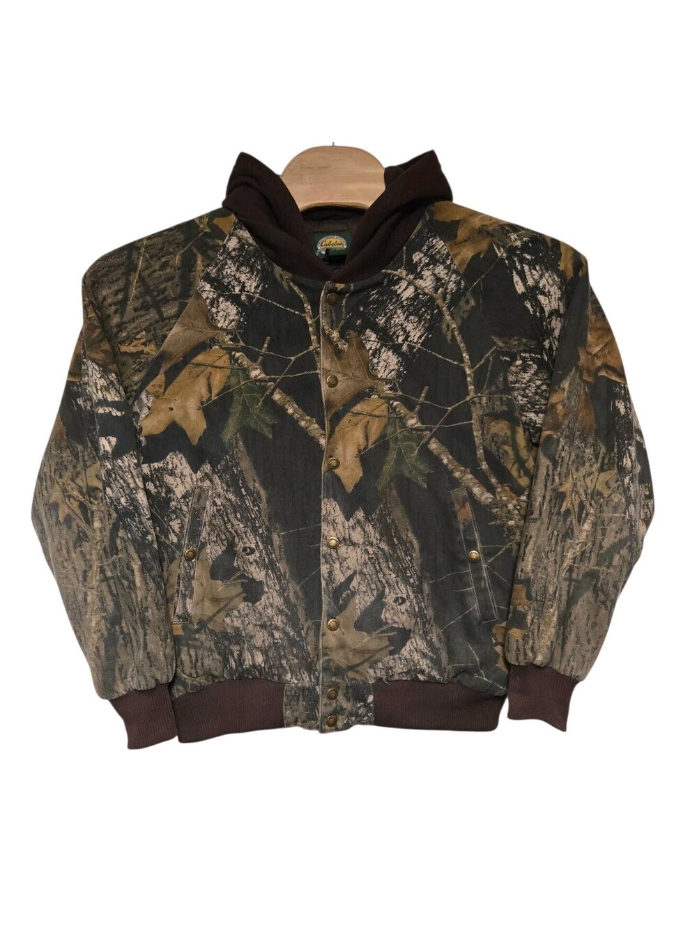 Cabela's Camo Full Zip Puffer Bomber Jacket Men's Size Medium Hood Mossy Oak